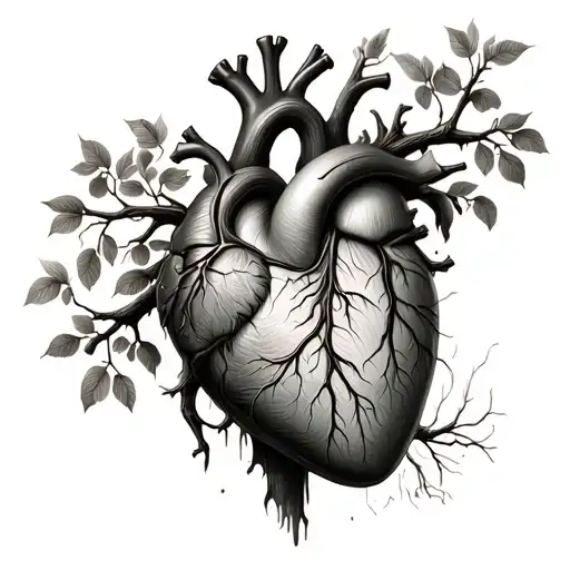 A realistic heart intertwined with a family tree, symbolizing the strong bond between family members tattoo design idea