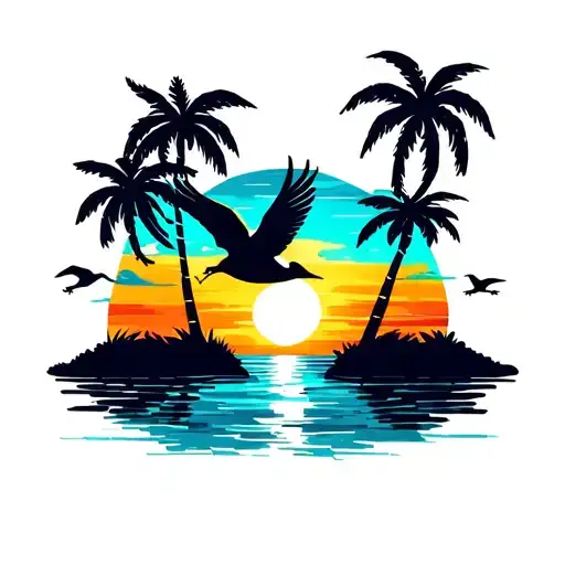 seagull palm trees sunset tattoo design idea