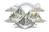 Six mountain tops with the sun in the background. Two of the tops are larger than the others, while two are even smaller tattoo design idea