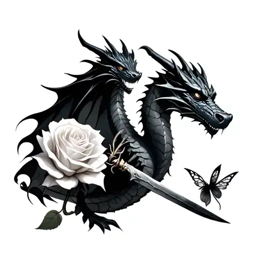 black dragon holding sward and white rose with a fairy tattoo design idea