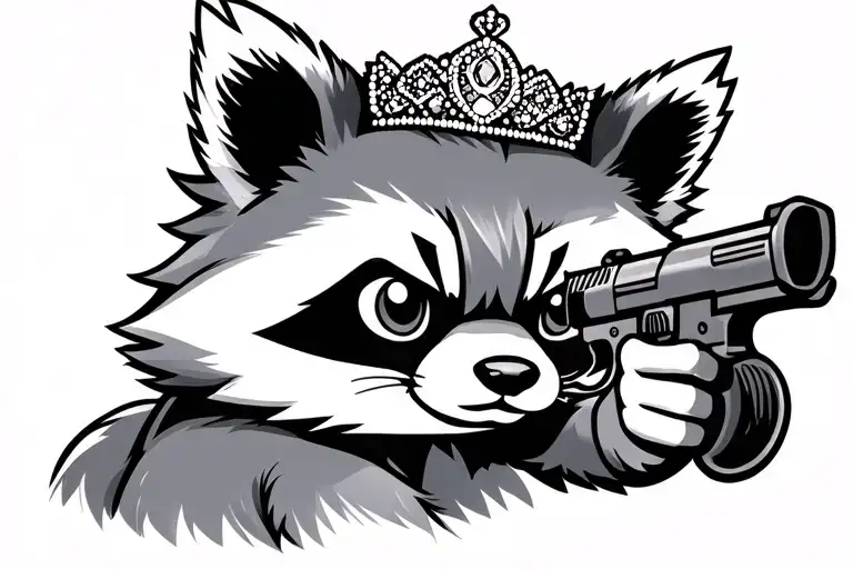 cartoon raccoon aiming a gun wearing a tiara tattoo design idea