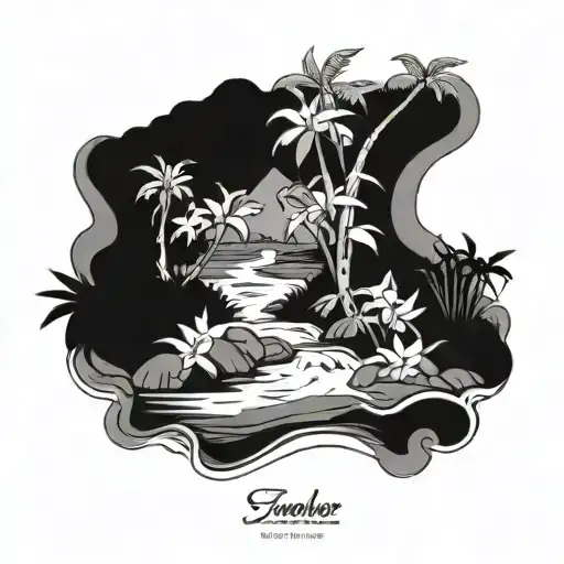 River flowing near mountains filled with coconut trees and night jasmine flowers next to it. tattoo design idea