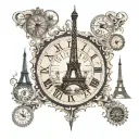 steampunk, world map, eiffel tower, dubai tower, compass, clock tattoo design idea
