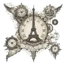 steampunk, world map, eiffel tower, dubai tower, compass, clock tattoo design idea