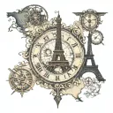 steampunk, world map, eiffel tower, dubai tower, compass, clock tattoo design idea