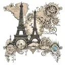 steampunk, world map, eiffel tower, dubai tower, compass, clock tattoo design idea
