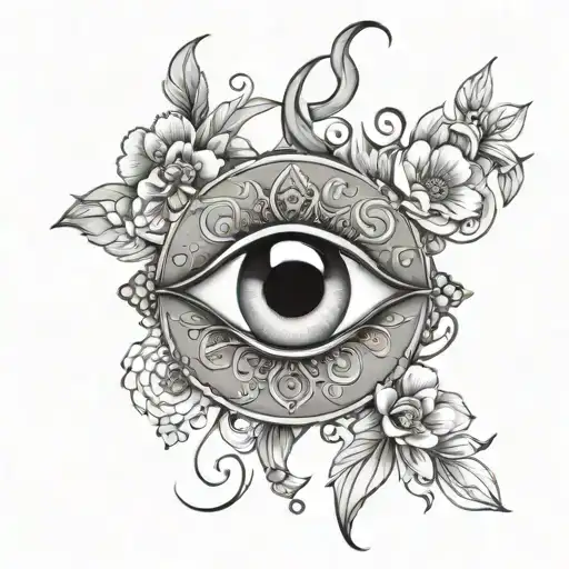 evil eye flowers moon intertwined tattoo design idea