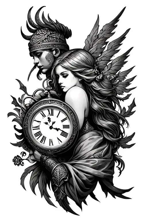 generate a tattoo sleeve for my left arm with a clock about time, beautiful woman, vikings and christisns tattoo design idea