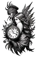 generate a tattoo sleeve for my left arm with a clock about time, beautiful woman, vikings and christisns tattoo design idea
