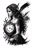 generate a tattoo sleeve for my left arm with a clock about time, beautiful woman, vikings and christisns tattoo design idea