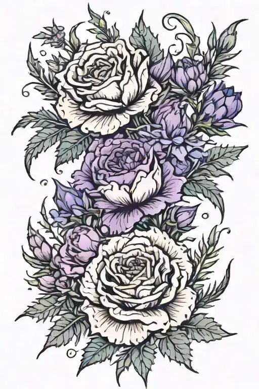 purple heather, english rose, blue cornflower, thistle, daisy tattoo design idea