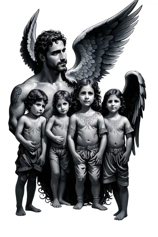 Dad, 3 children, and angel with wings tattoo design idea