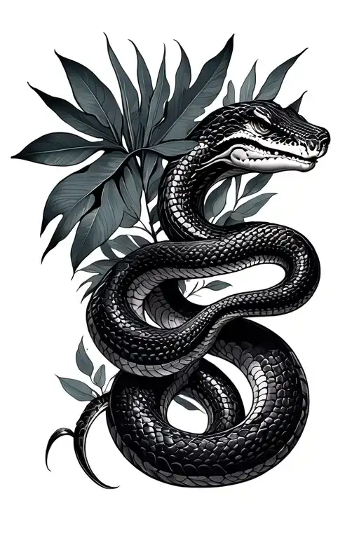 snake sleeve with tropical plants around it tattoo design idea