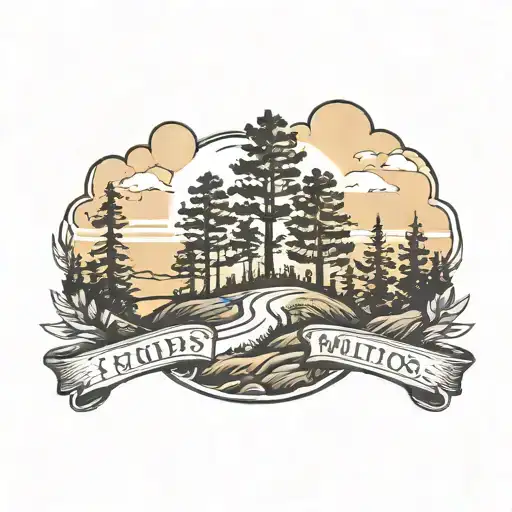 hilltops with sunset road leading into sunset trees on both sides.  words "50 miles" tattoo design idea