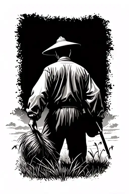 old Chinese farmer working in field facing away tattoo design idea