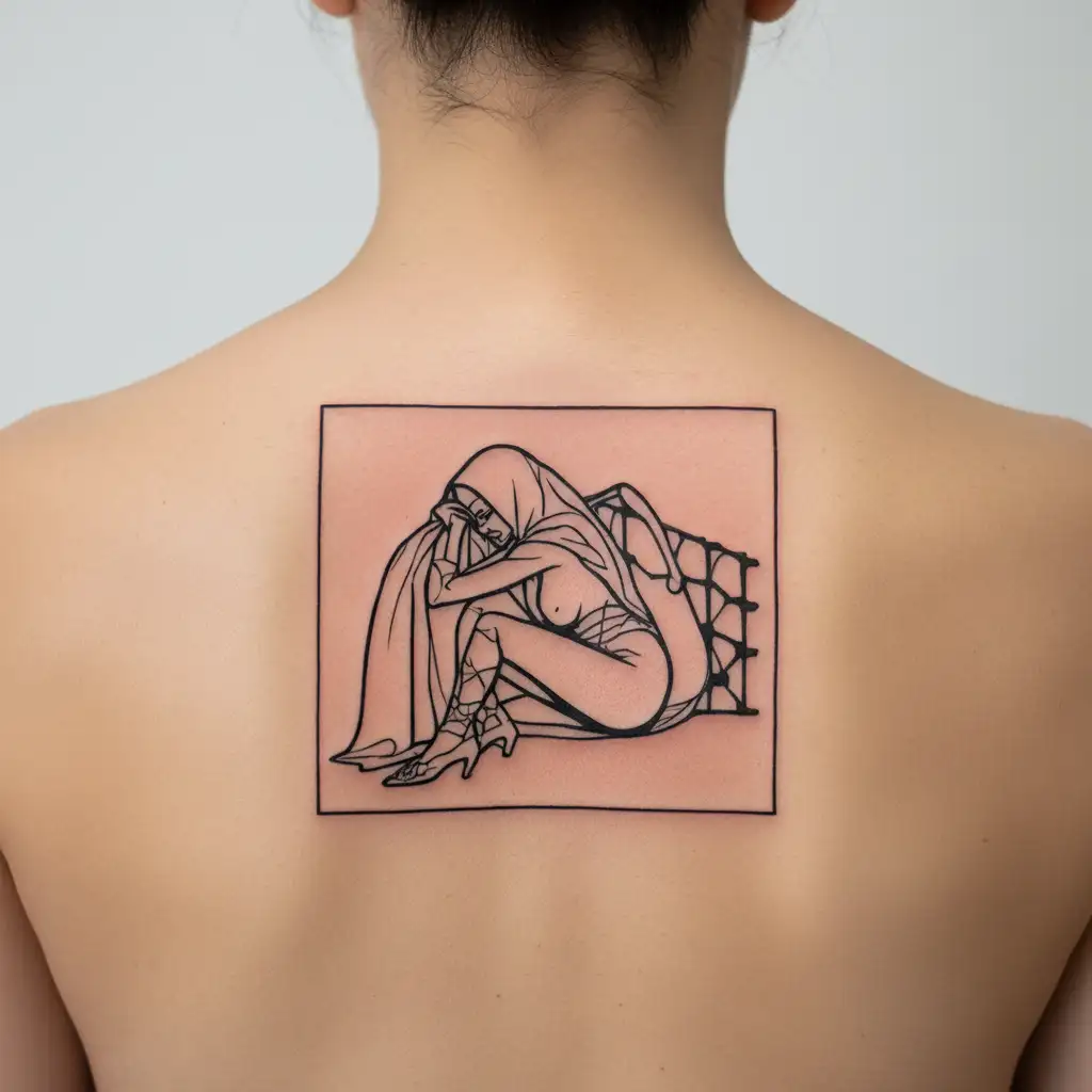 Slutty Nun black silhouette posing Seductively. high heels and fishnets. Golden cross dripping blood wrapped in thorns. tattoo design idea