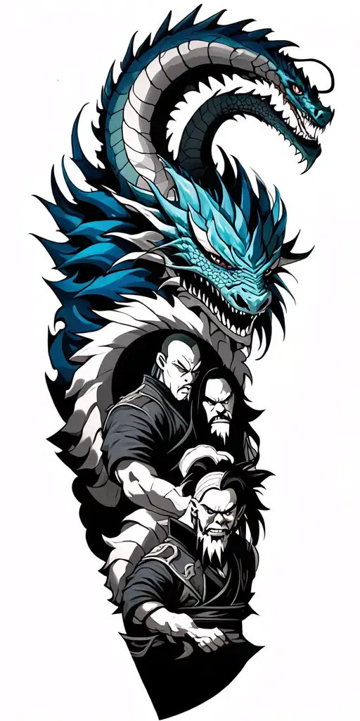 Epic anime × gaming sleeve: Shenron and Dragon Balls, Vegito Blue, Itachi, Jiraiya with Iroh, Orc, Necromancer. tattoo design idea