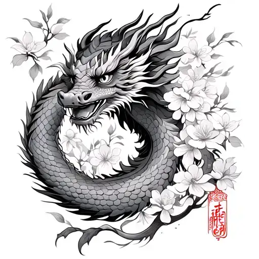 Chinese New Year Dragon with Buddism Peace Sign and Cherry Blossom in the background tattoo design idea