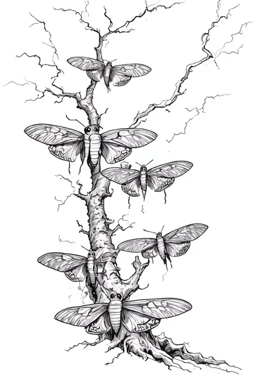 moths emering from a tree being struck by lightning  tattoo design idea