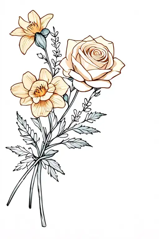 small to medium rose, daffodil and heather flower in a bouquet tied tattoo design idea
