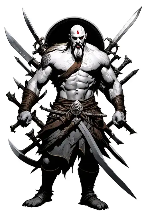 God of war Kratos with blades extended with multiple weapons around  tattoo design idea