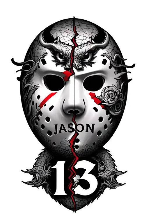 half of a broken Friday the 13th mask with  Japanese dragon the word 'JASON' And the number 13 tattoo design idea