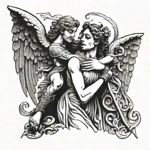 greek angel hugging a female gargoyle warrior tattoo design idea