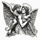 greek angel hugging a female gargoyle warrior tattoo design idea