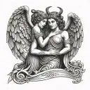 greek angel hugging a female gargoyle warrior tattoo design idea