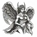 greek angel hugging a female gargoyle warrior tattoo design idea