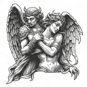greek angel hugging a female gargoyle warrior tattoo design idea