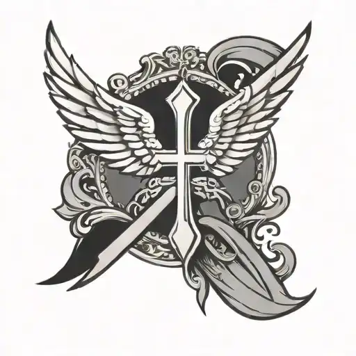 simple elegant classy angelic wings with a bold sharp double edged sword resembling a cross bordered with whimsical note tattoo design idea