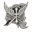 simple elegant classy angelic wings with a bold sharp double edged sword resembling a cross bordered with whimsical note tattoo design idea