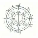 A minimalist glaive with a circular halo, subtle rift cuts, and four rune-like symbols, symbolizing Selene’s powers and  tattoo design idea
