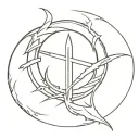 A minimalist glaive with a circular halo, subtle rift cuts, and four rune-like symbols, symbolizing Selene’s powers and  tattoo design idea