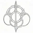 A minimalist glaive with a circular halo, subtle rift cuts, and four rune-like symbols, symbolizing Selene’s powers and  tattoo design idea