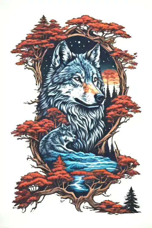wolf in howling forest scene tattoo design idea