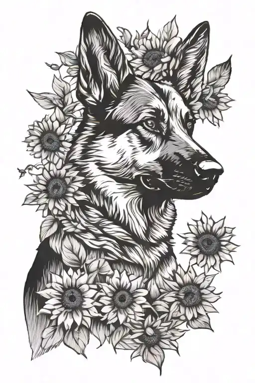 german shepherd dog with sunflowers wrapped itself tattoo design idea