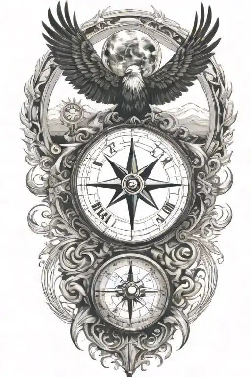 earth, moon, compass, time, phoenix tattoo design idea