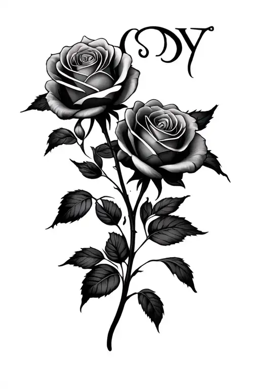 black and grey realism tattoo of two intertwined roses, delicate stems shaped like subtle letters, fine line minimalism, tattoo design idea