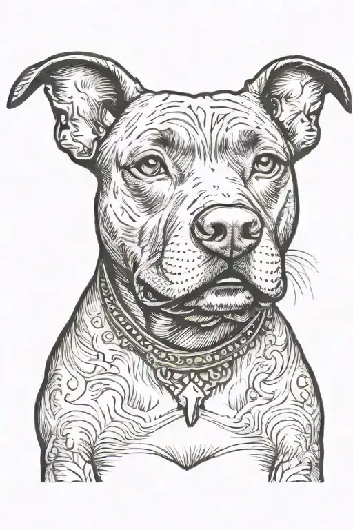 Black pit bull with ears and a white chest sits smiling tattoo design idea