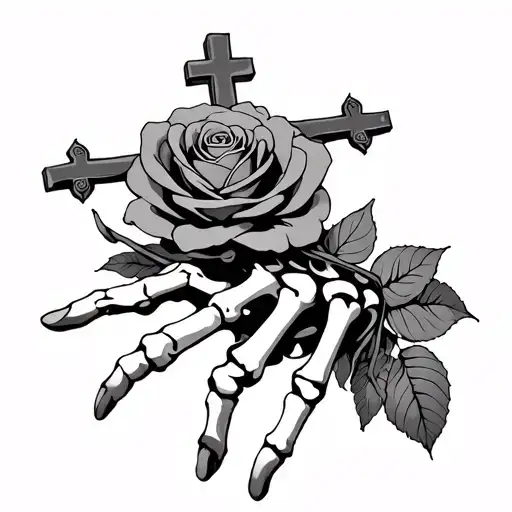 skeleton hand with a cross on top and rose on top of it tattoo design idea