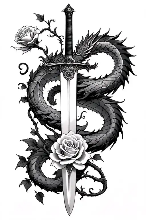 katana sword wrapped in a rose vine with a dragon sliding up the sword tattoo design idea