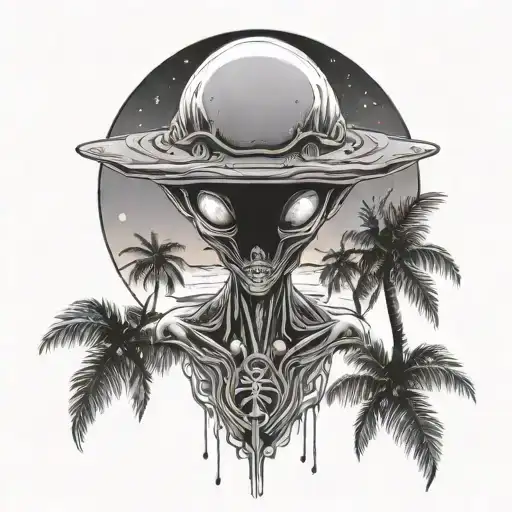 alien with a women in the ufo at the orange sunset and palm trees tattoo design idea
