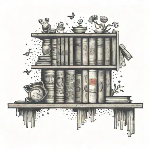 A bookshelf tattoo filled with various family portraits and favorite book titles, each book spine representing a different family member or cherished memory tattoo design idea