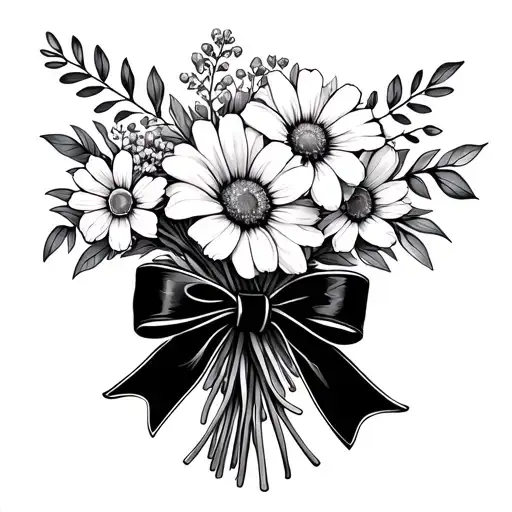 small bouquet with september, october and december birth flowers. tied with a bow. feminine tattoo design idea