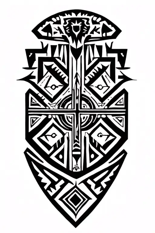 Geometric tribal design using ethiopian designs. The design has a shield, spear head, lion and a cross inside it tattoo design idea