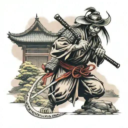 samurai holding a scythe, street samurai, asian temple in the background , facing front  tattoo design idea