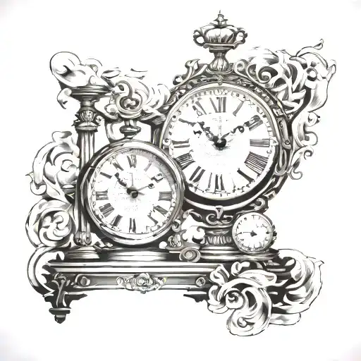 court scale weighing, broken clock, hour glass overflowing tattoo design idea