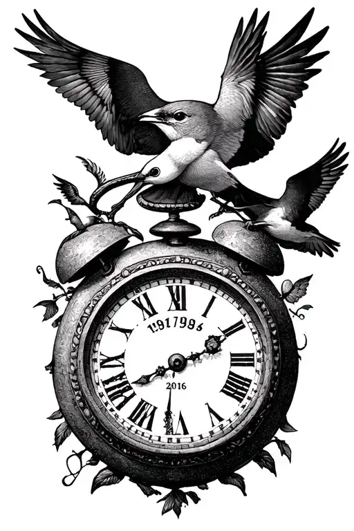 I want you to design a men's upper arm tattoo, an old clock with 1964, 1975, 2000 and 2016 written on it, bird figures around it. tattoo design idea